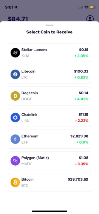 Tap the type of cryptocurrency you’d like to receive